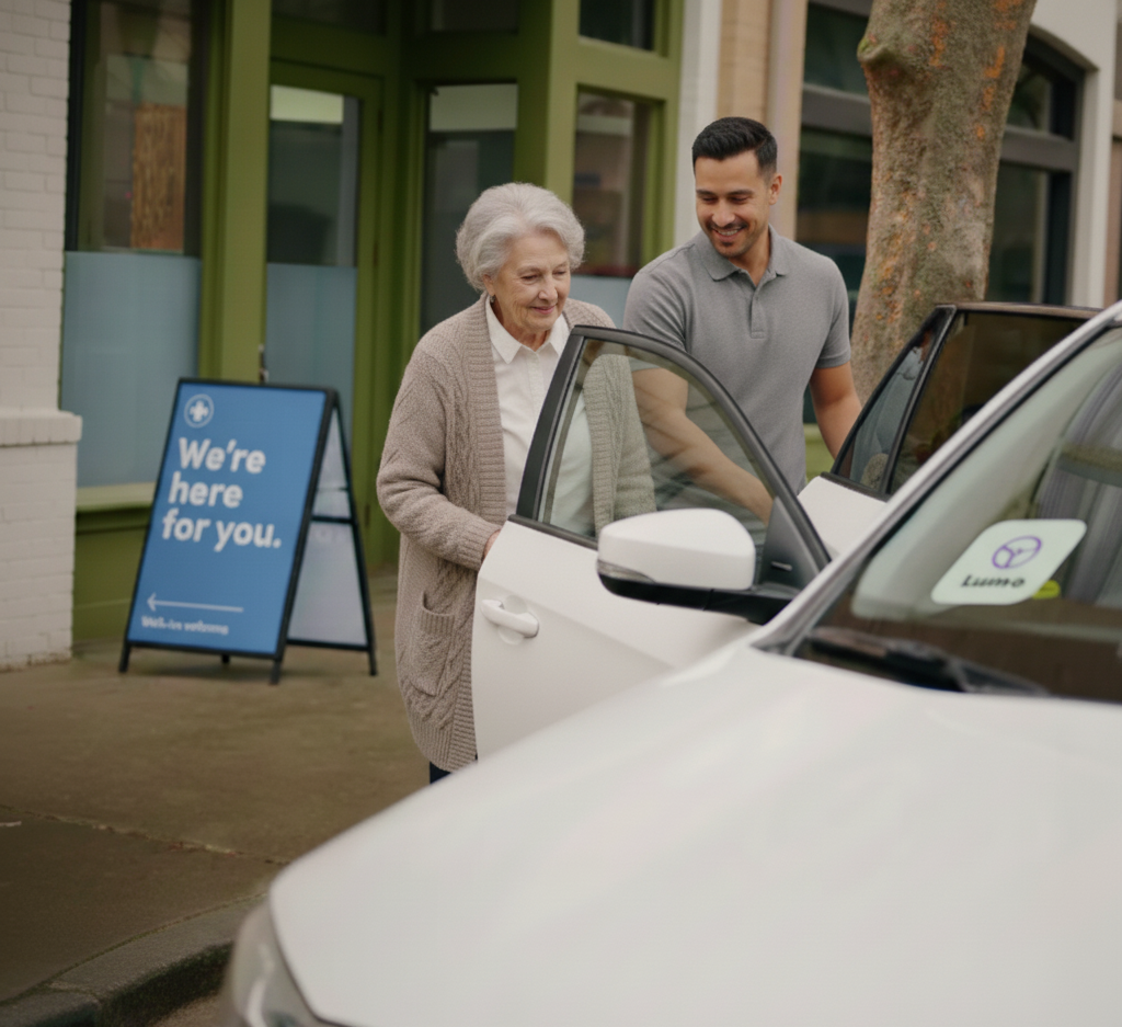 Community member helping another person to a car