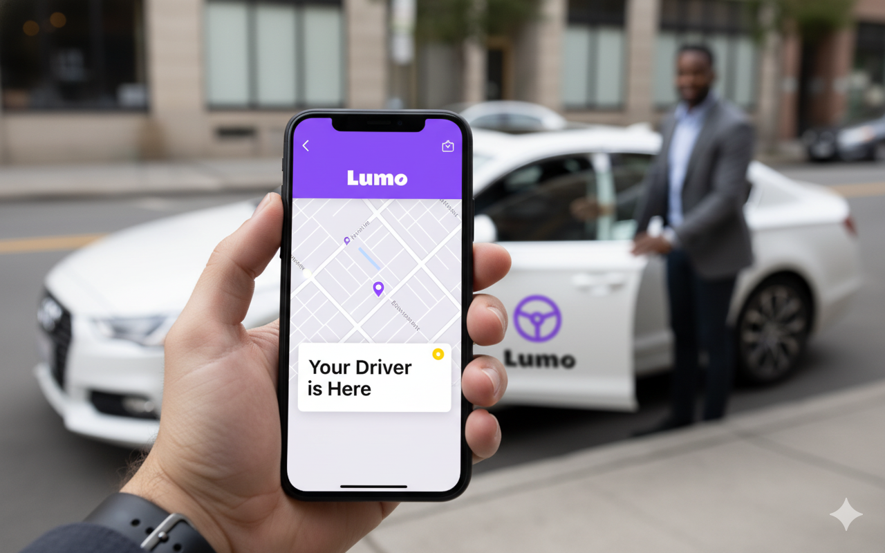 Hand holding phone showing driver arrival notification with car in background